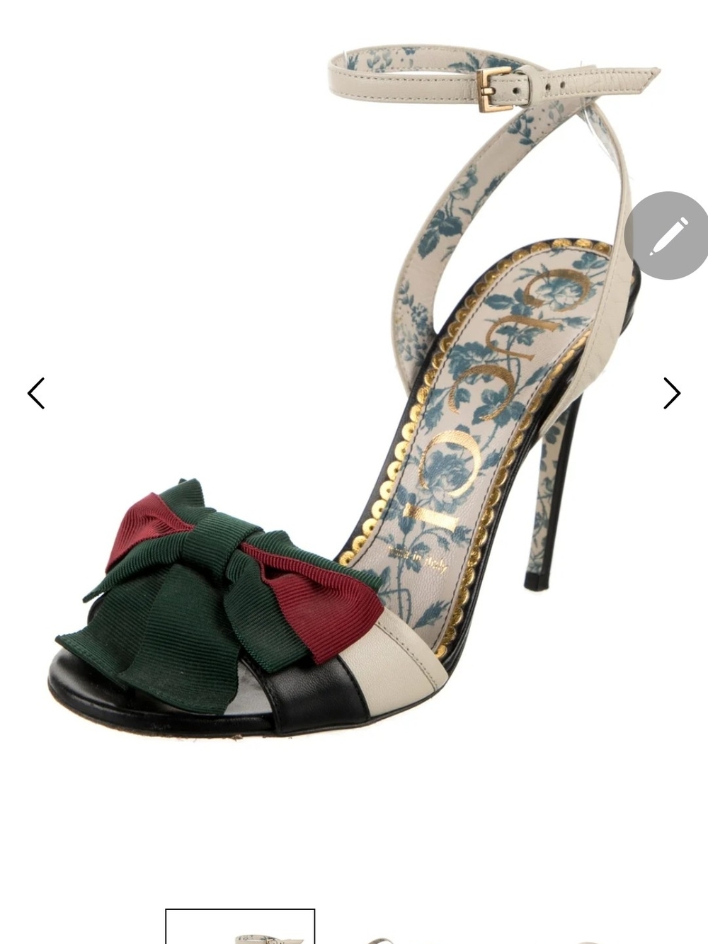 Gucci Floral-Insole Stiletto Sandal with Red & Green Bow